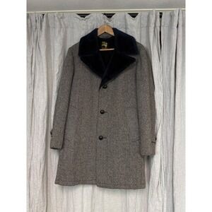 Alexander's Vintage Pure Wool Herringbone Overcoat Faux Fur Collar Grey 38R